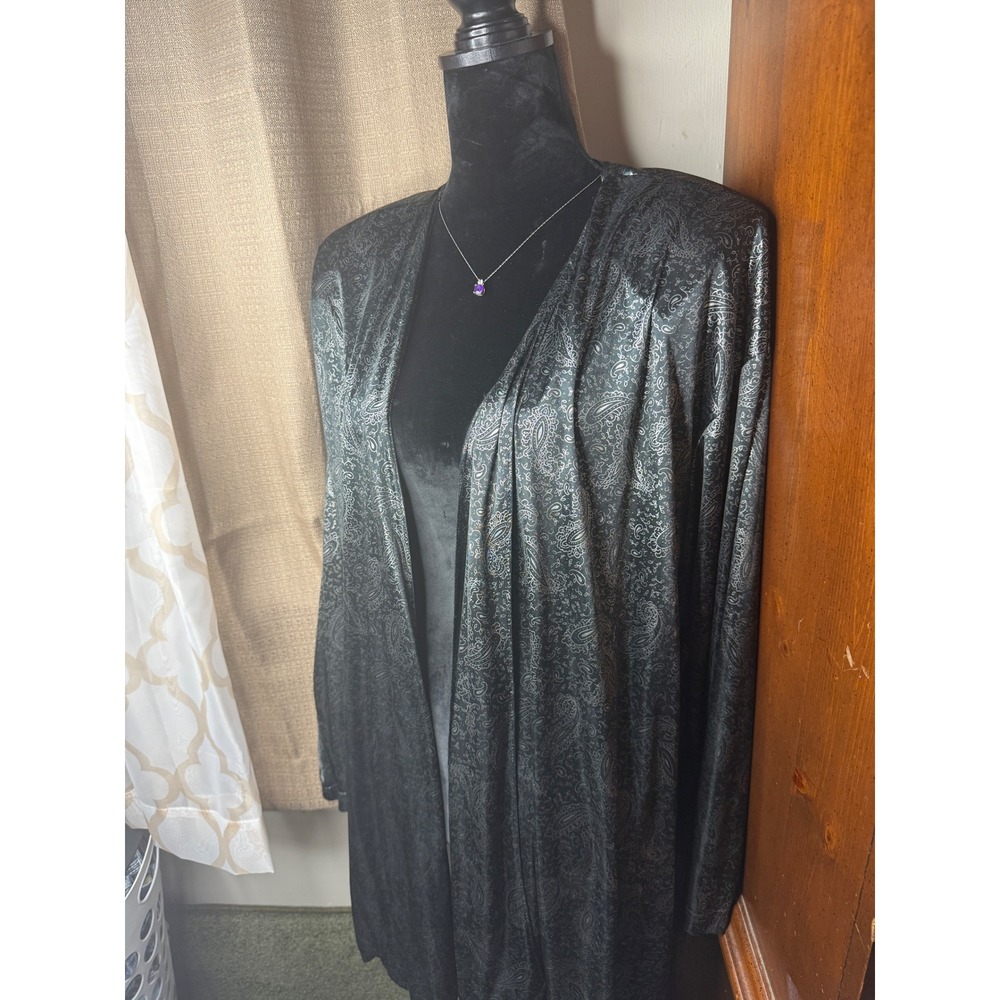 Areo Paisley Cardigan Women Large Black Silver Good Vintage Duster Open Front